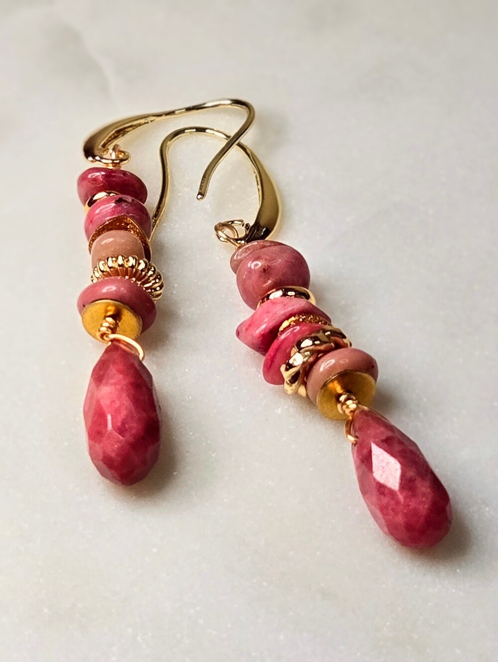 Natural Stacked Argentine Rhodonite In Artisan HandMade Gold Plated Earrings